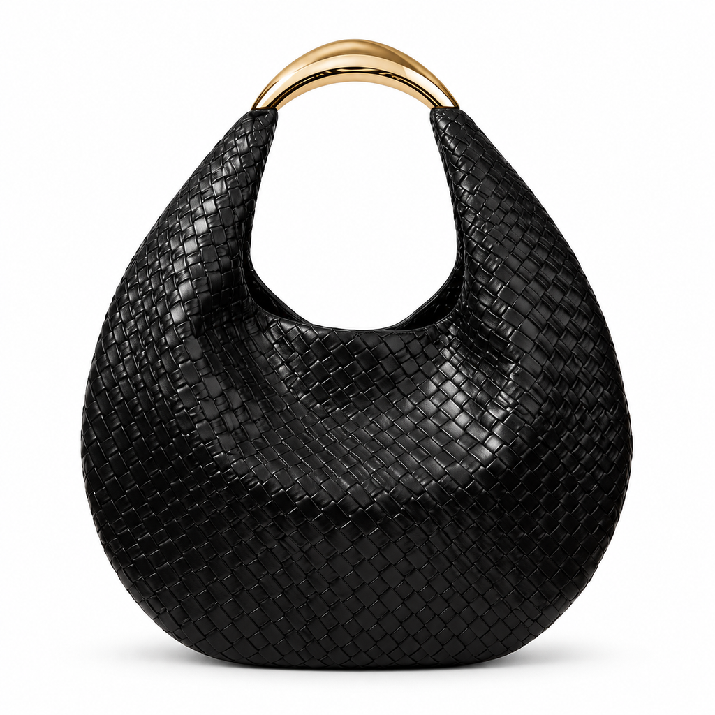 Black Woven Hobo Bag, Gold Arch Handle