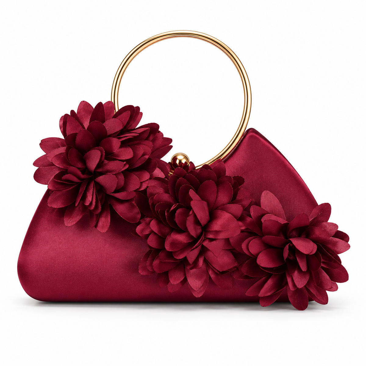Burgundy Floral Satin Ring-Handle Bag