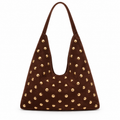 Gold-Studded Dark Brown Suede Hobo Bag