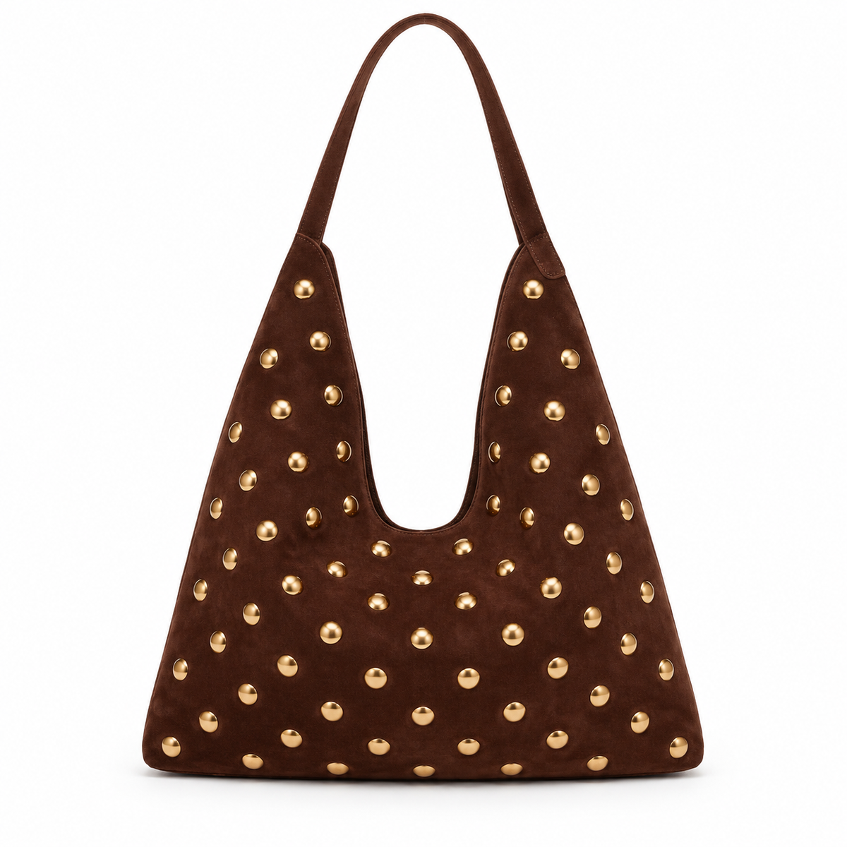 Gold-Studded Dark Brown Suede Hobo Bag