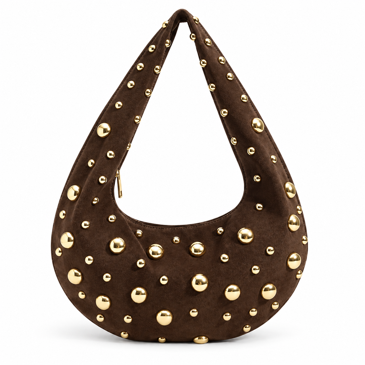 Gold-Studded Dark Brown Suede Hobo