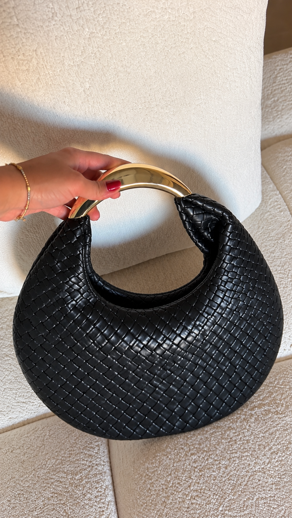 Black Woven Hobo Bag, Gold Arch Handle