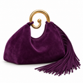 Plum Suede Fringe Handbag with Gold Spiral Handle