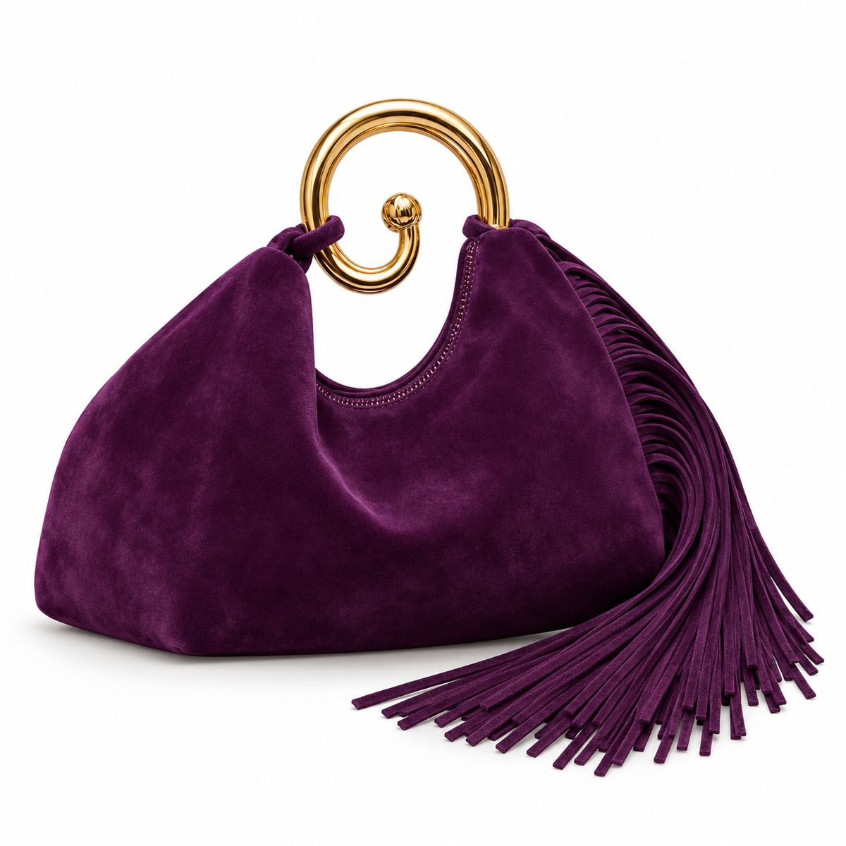 Plum Suede Fringe Handbag with Gold Spiral Handle